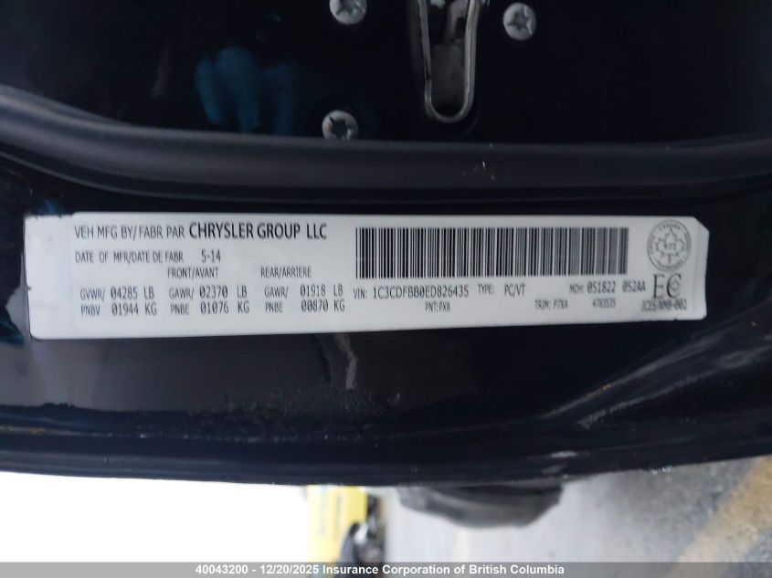 2014 Dodge Dart Sxt VIN: 1C3CDFBB0ED826435 Lot: 40043200