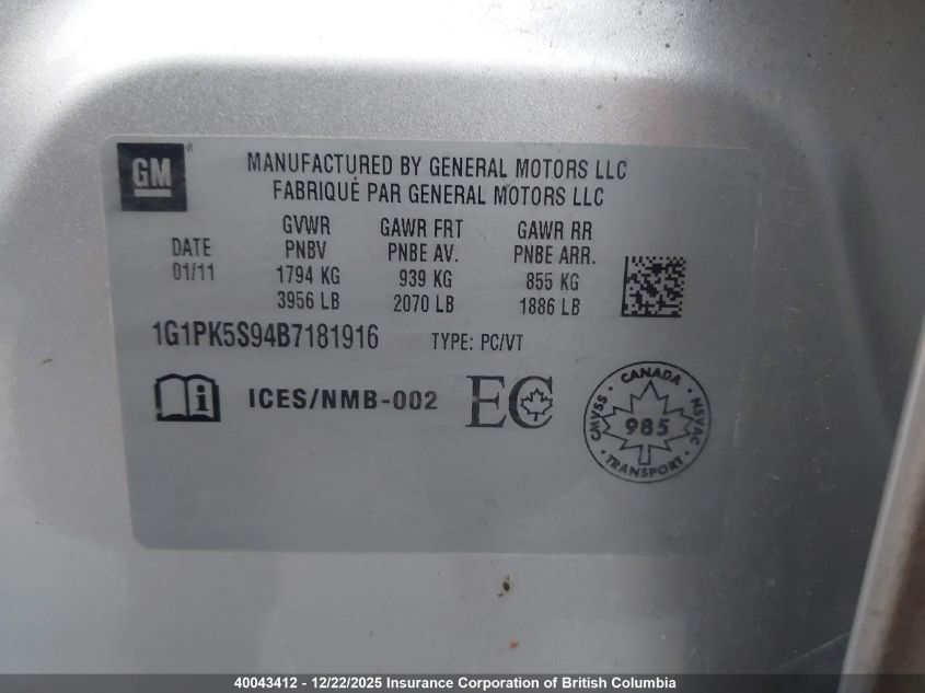 2011 Chevrolet Cruze VIN: 1G1PK5S94B7181916 Lot: 40043412