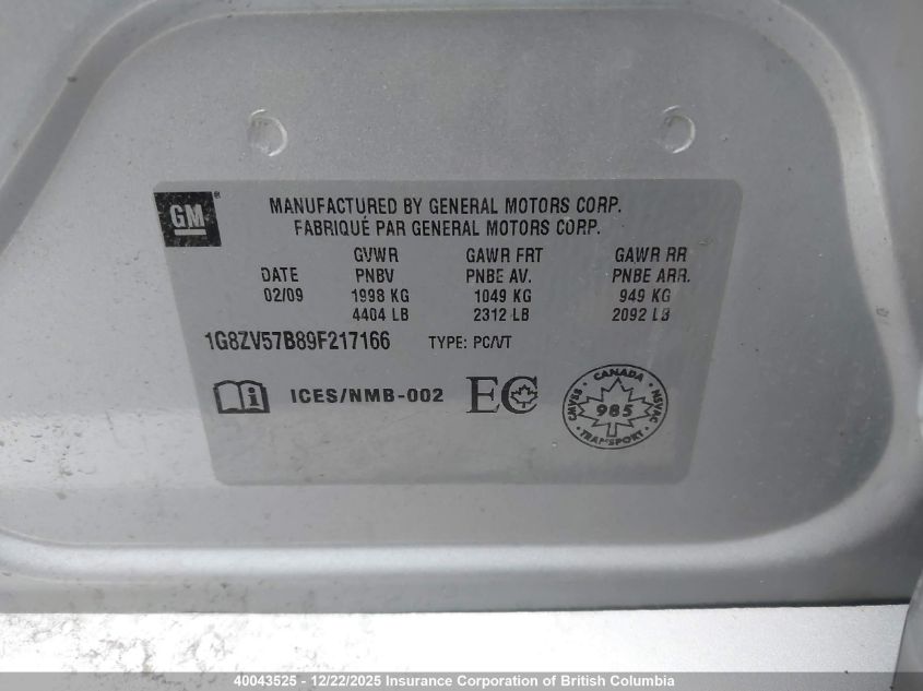 2009 Saturn Aura VIN: 1G8ZV57B89F217166 Lot: 40043525