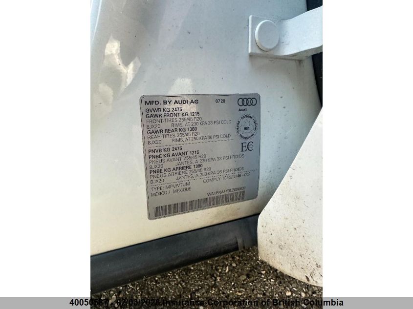 2020 Audi Q5 VIN: WA1ENAFY3L2090631 Lot: 40050587