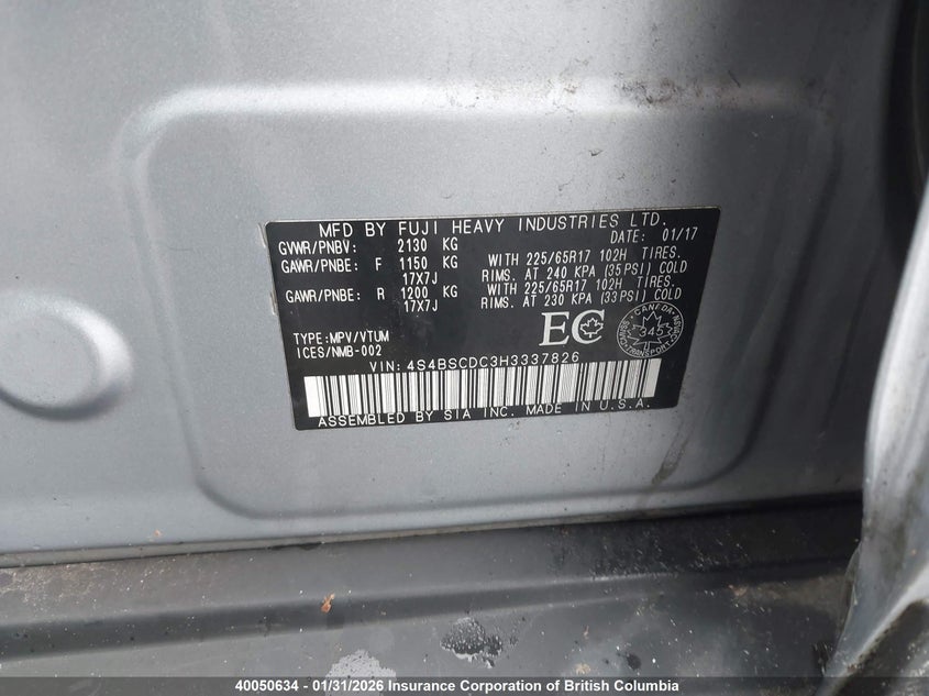 2017 Subaru Outback 2.5I Premium VIN: 4S4BSCDC3H3337826 Lot: 40050634