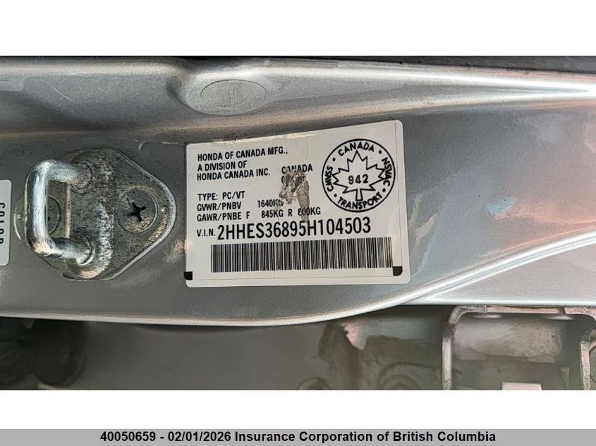 2005 Acura El VIN: 2HHES36895H104503 Lot: 40050659