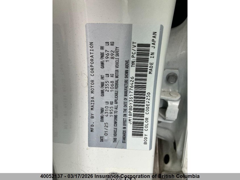 2025 Mazda 3 Gt VIN: JM1BPBDY3S1776426 Lot: 40052137
