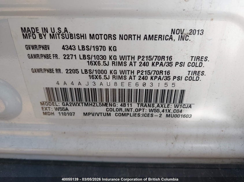 2014 Mitsubishi Rvr Se VIN: 4A4AJ3AU8EE603155 Lot: 40055139