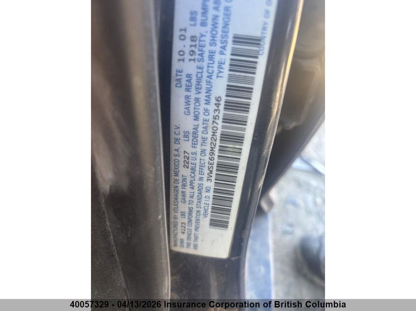 2002 Volkswagen Jetta VIN: 3VWSE69M22M075346 Lot: 40057329