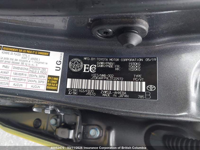 2020 Toyota Prius Prime Le VIN: JTDKARFP9L3122972 Lot: 40052470