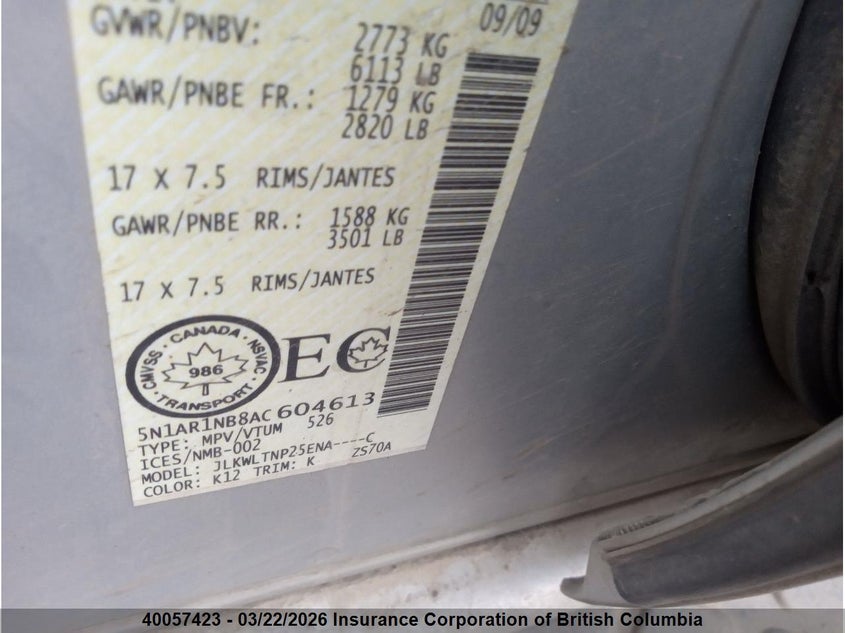 2010 Nissan Pathfinder Se VIN: 5N1AR1NB8AC604613 Lot: 40057423