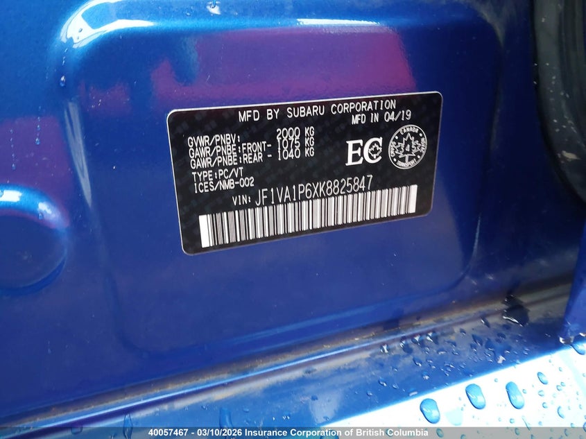 2019 Subaru Wrx VIN: JF1VA1P6XK8825847 Lot: 40057467