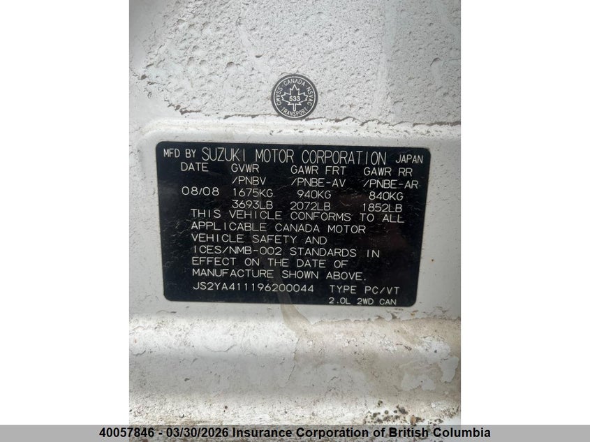 2009 Suzuki Sx4 VIN: JS2YA411196200044 Lot: 40057846