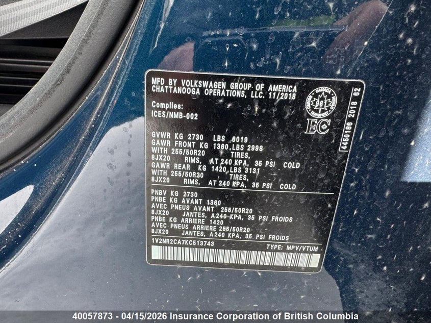 2019 Volkswagen Atlas VIN: 1V2NR2CA7KC513743 Lot: 40057873