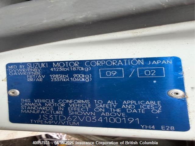 2003 Suzuki Grand Vitara Jlx/Limited VIN: JS3TD62V034100191 Lot: 40057931