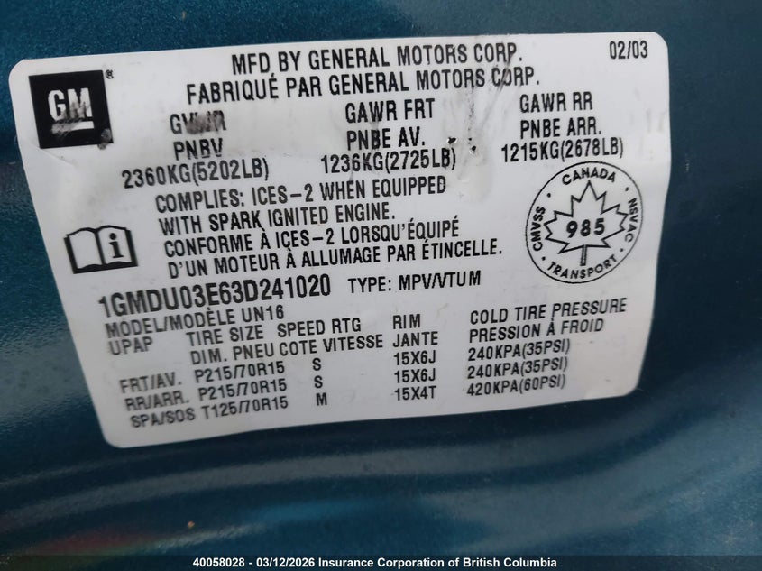 2003 Pontiac Montana VIN: 1GMDU03E63D241020 Lot: 40058028