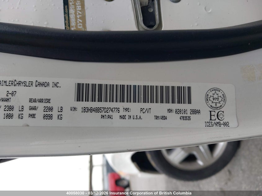 2007 Dodge Caliber Sxt VIN: 1B3HB48B57D274776 Lot: 40058030