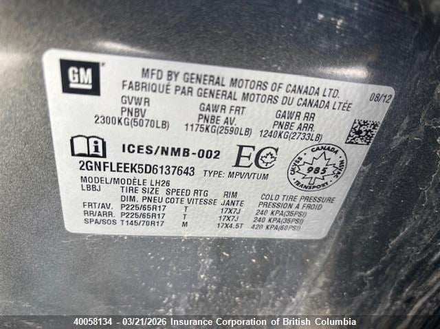 2013 Chevrolet Equinox Lt VIN: 2GNFLEEK5D6137643 Lot: 40058134