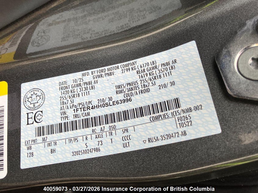 2025 Ford Ranger Xlt VIN: 1FTER4HH0SLE63996 Lot: 40059073