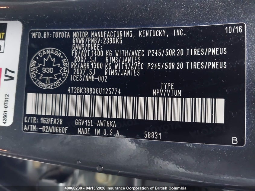 2016 Toyota Venza VIN: 4T3BK3BBXGU125774 Lot: 40060230