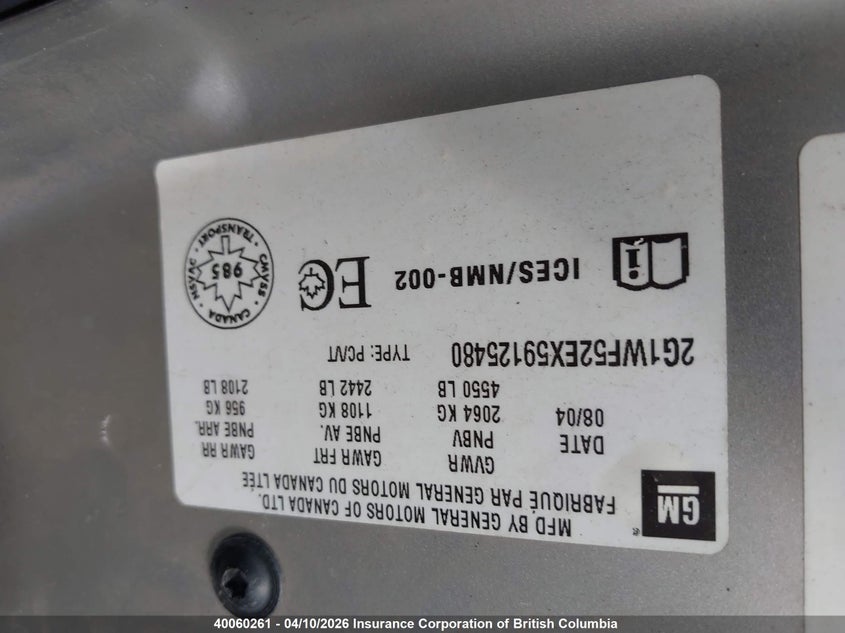 2005 Chevrolet Impala VIN: 2G1WF52EX59125480 Lot: 40060261