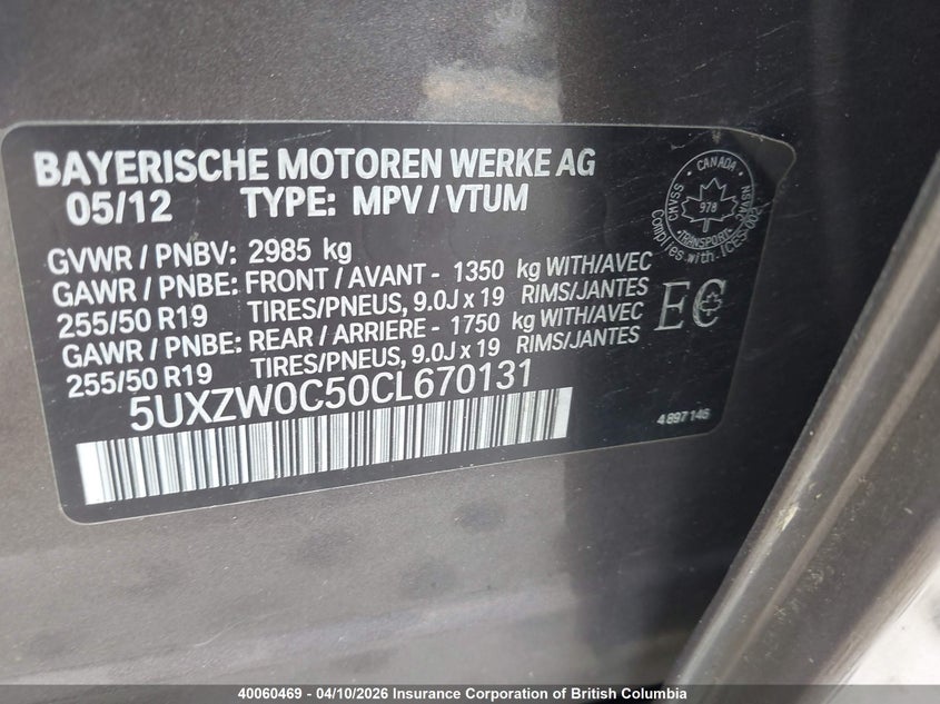 2012 BMW X5 VIN: 5UXZW0C50CL670131 Lot: 40060469
