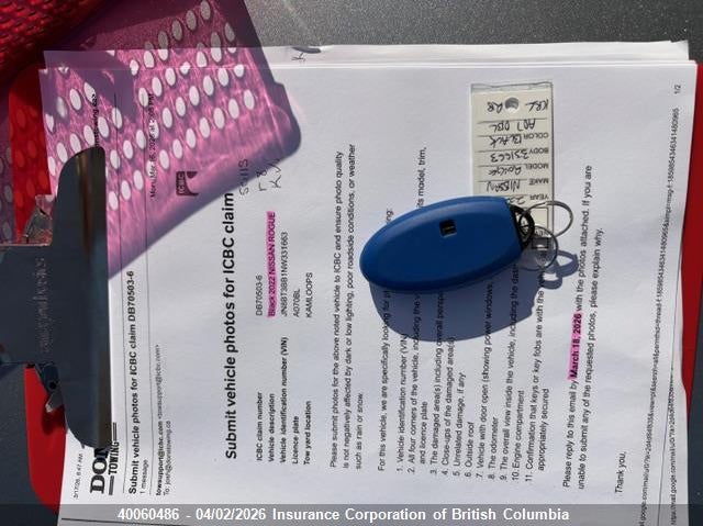 2022 Nissan Rogue VIN: JN8BT3BB1NW331663 Lot: 40060486