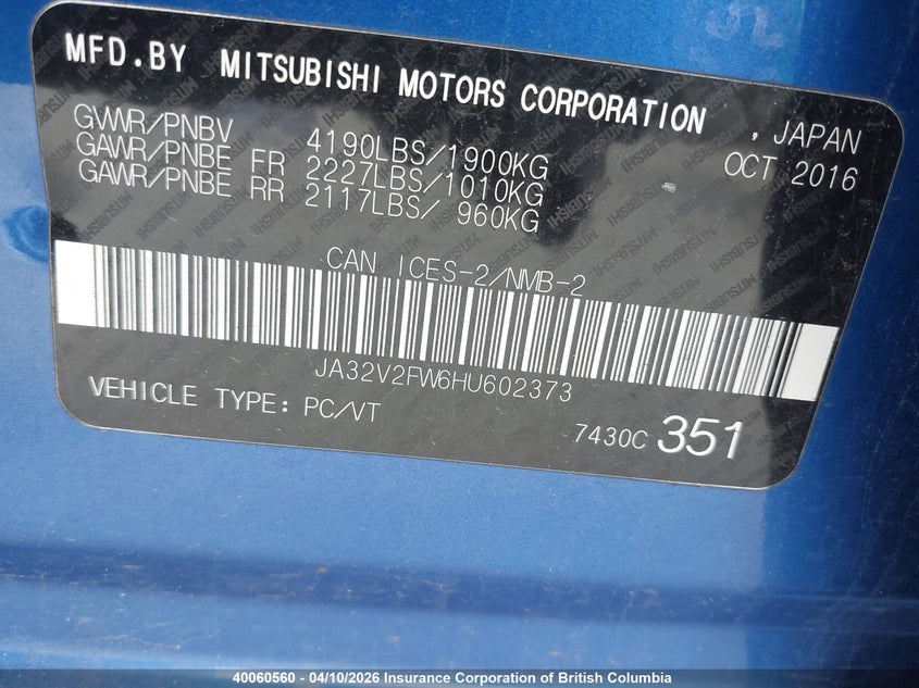 2017 Mitsubishi Lancer Es/Se/Sel VIN: JA32V2FW6HU602373 Lot: 40060560