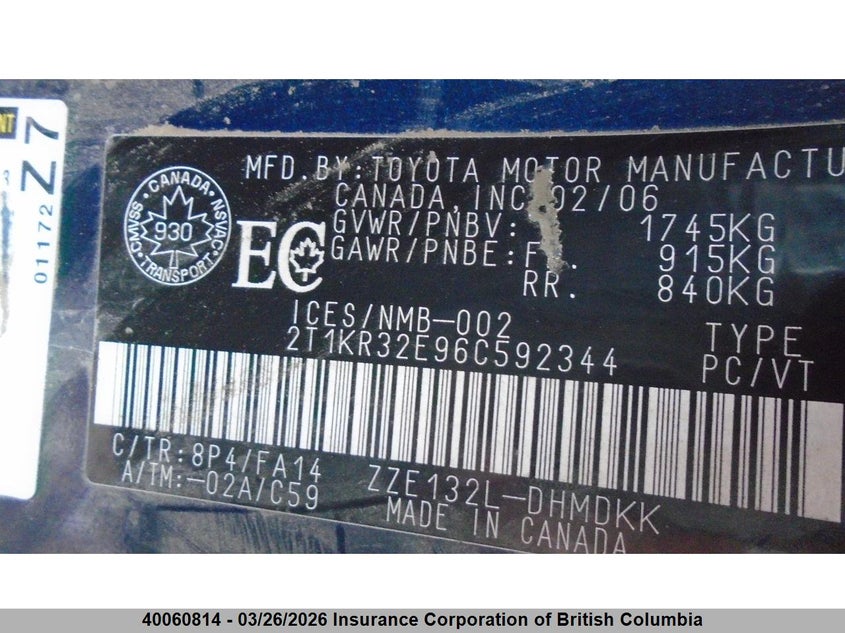 2006 Toyota Corolla Matrix Xr VIN: 2T1KR32E96C592344 Lot: 40060814