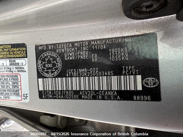 2005 Toyota Camry VIN: 4T1BE32K25U503485 Lot: 40060887