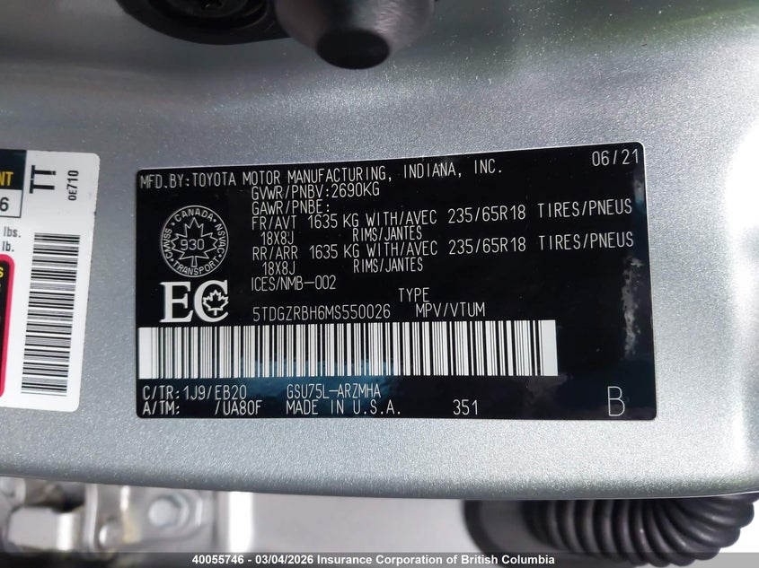 2021 Toyota Highlander Xle VIN: 5TDGZRBH6MS550026 Lot: 40055746