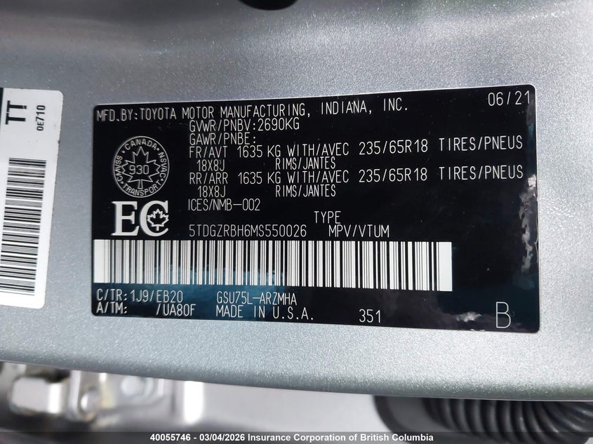 2021 Toyota Highlander Xle VIN: 5TDGZRBH6MS550026 Lot: 40055746