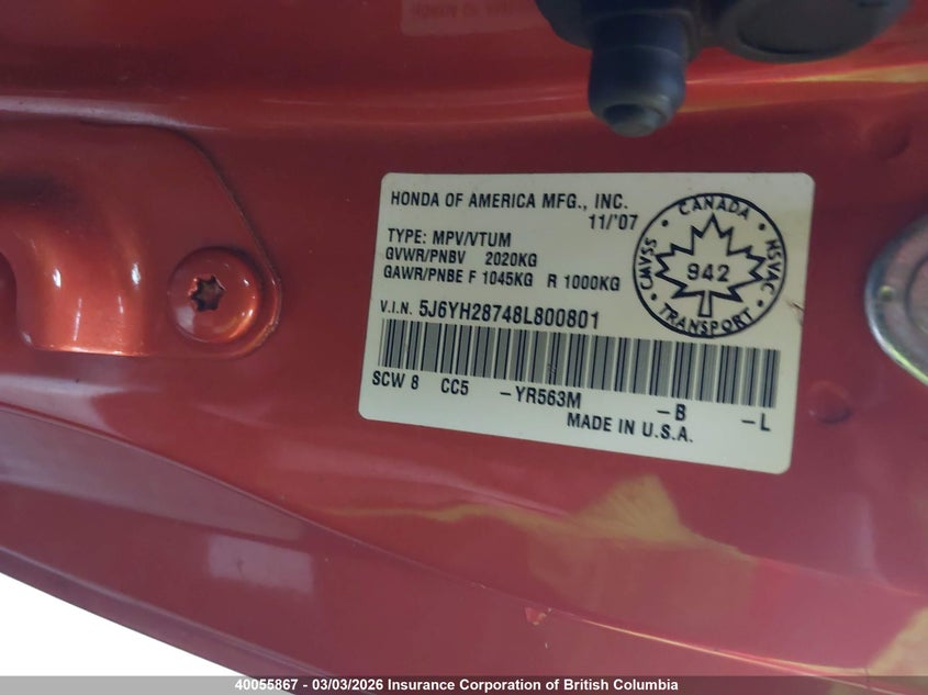 2008 Honda Element Ex VIN: 5J6YH28748L800801 Lot: 40055867