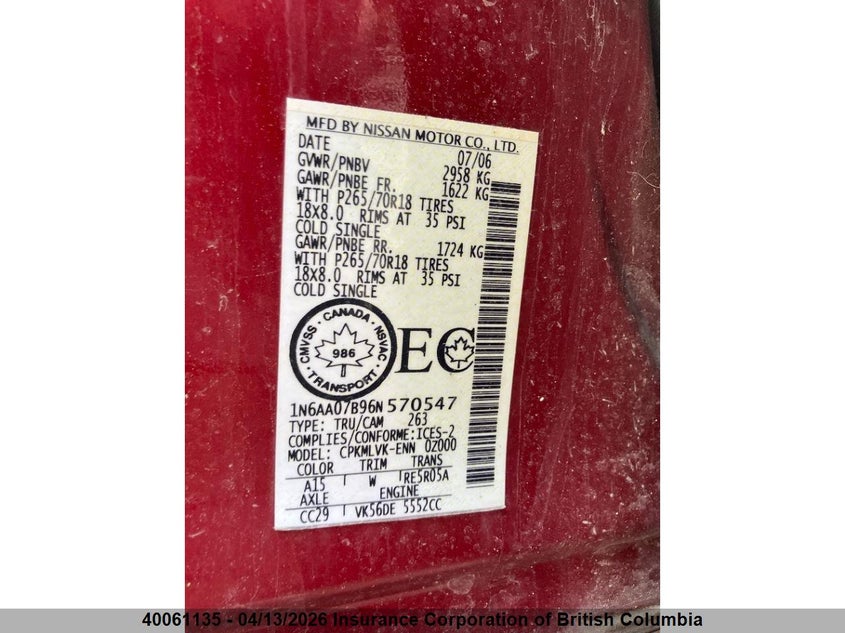 2006 Nissan Titan VIN: 1N6AA07B96N570547 Lot: 40061135