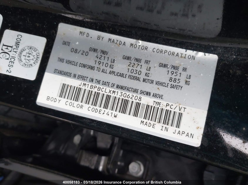 2021 Mazda 3 Preferred VIN: JM1BPBCLXM1306208 Lot: 40058183