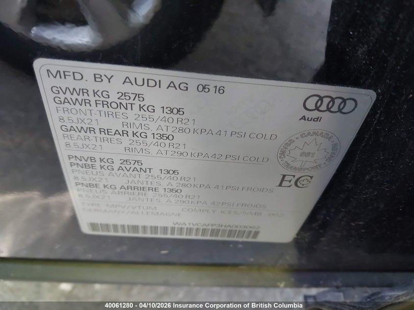 2017 Audi Sq5 VIN: WA1VCAFP3HA003062 Lot: 40061280