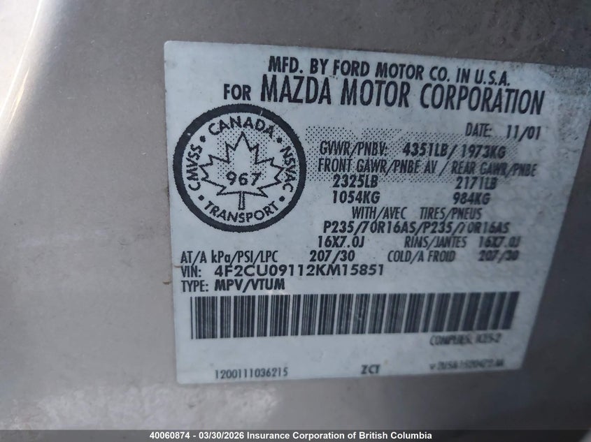 2002 Mazda Tribute Lx/Es VIN: 4F2CU09112KM15851 Lot: 40060874