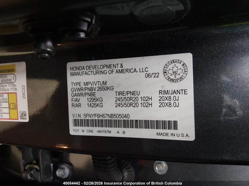 2022 Honda Pilot Touring VIN: 5FNYF6H67NB505040 Lot: 40054442