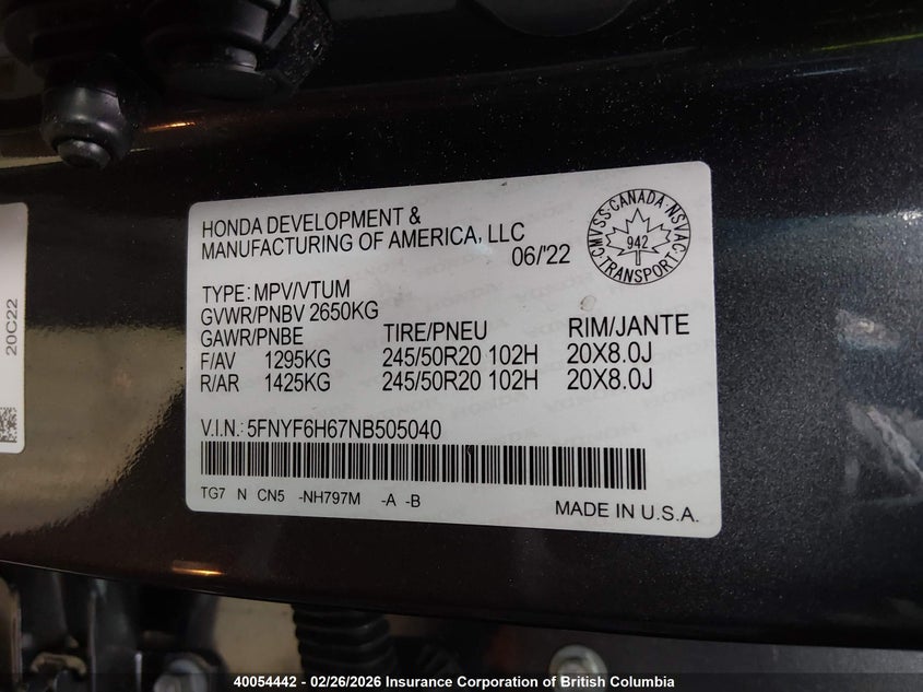 2022 Honda Pilot Touring VIN: 5FNYF6H67NB505040 Lot: 40054442