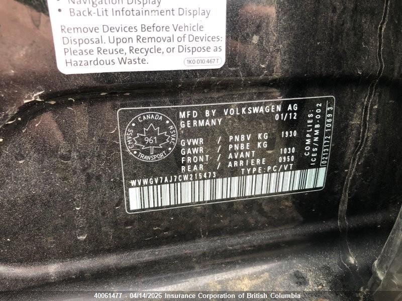 2012 Volkswagen Gti VIN: WVWGV7AJ7CW215473 Lot: 40061477