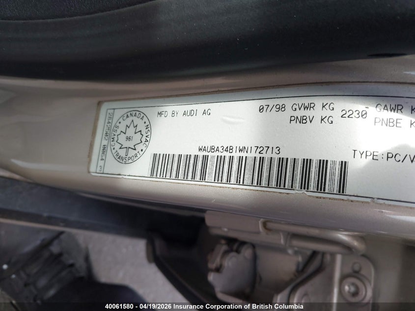 1998 Audi A6 VIN: WAUBA34B1WN172713 Lot: 40061580