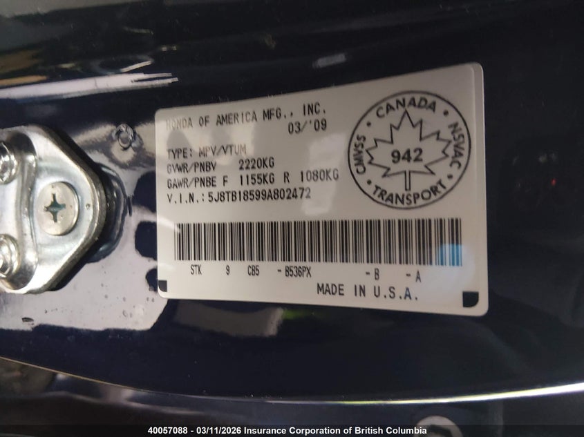 2009 Acura Rdx Technology VIN: 5J8TB18599A802472 Lot: 40057088