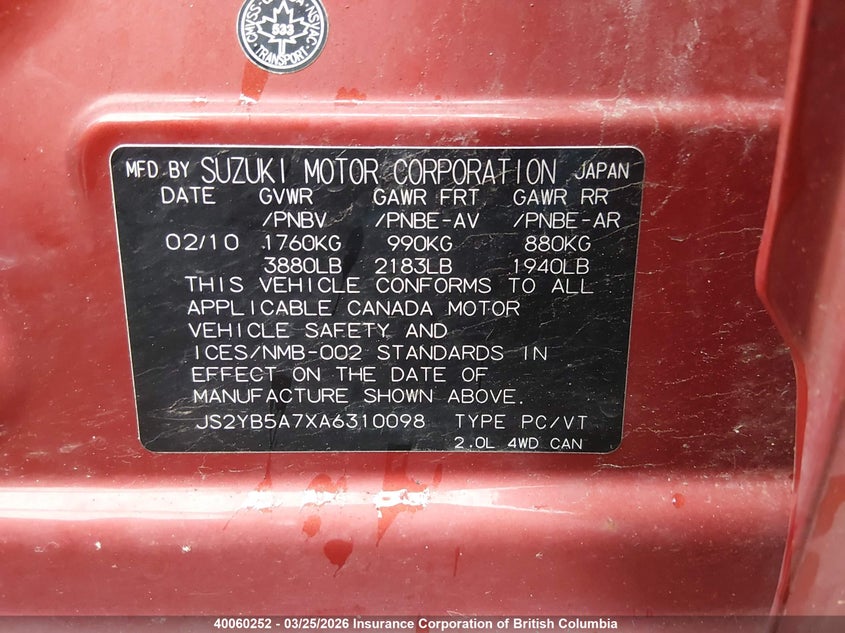 2010 Suzuki Sx4 Touring VIN: JS2YB5A7XA6310098 Lot: 40060252