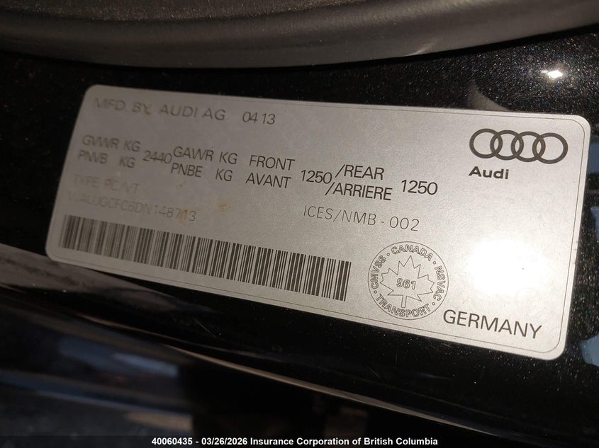 2013 Audi A6 Prestige VIN: WAUJGCFC6DN148713 Lot: 40060435