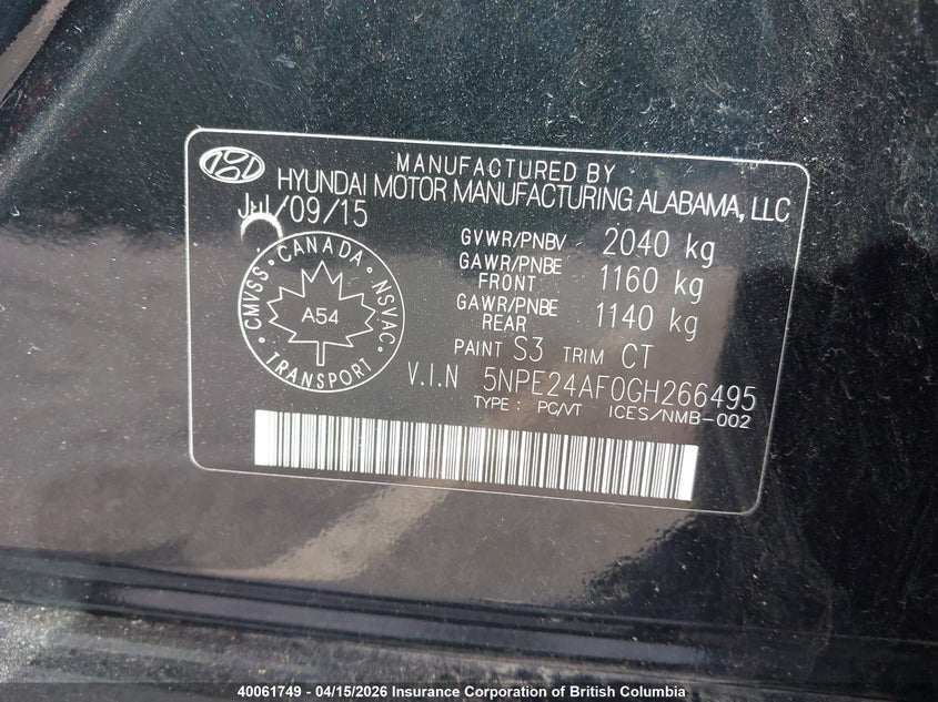 2016 Hyundai Sonata Se VIN: 5NPE24AF0GH266495 Lot: 40061749