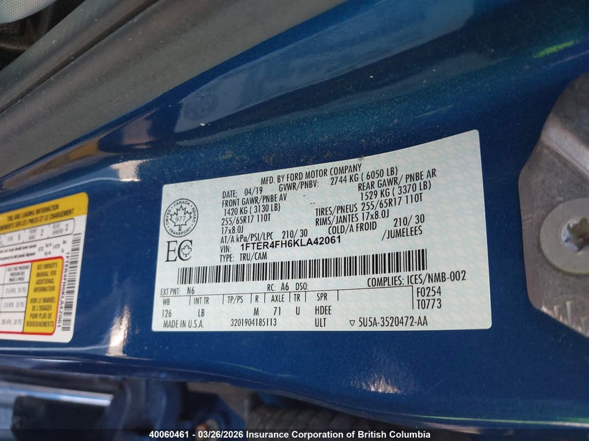 2019 Ford Ranger Xl/Xlt/Lariat VIN: 1FTER4FH6KLA42061 Lot: 40060461