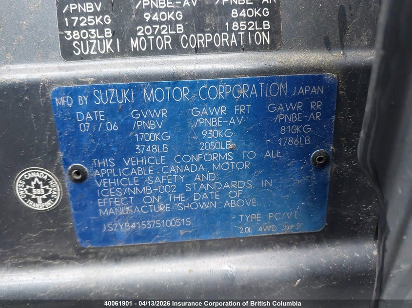 2007 Suzuki Sx4 VIN: JS2YB415375100515 Lot: 40061901