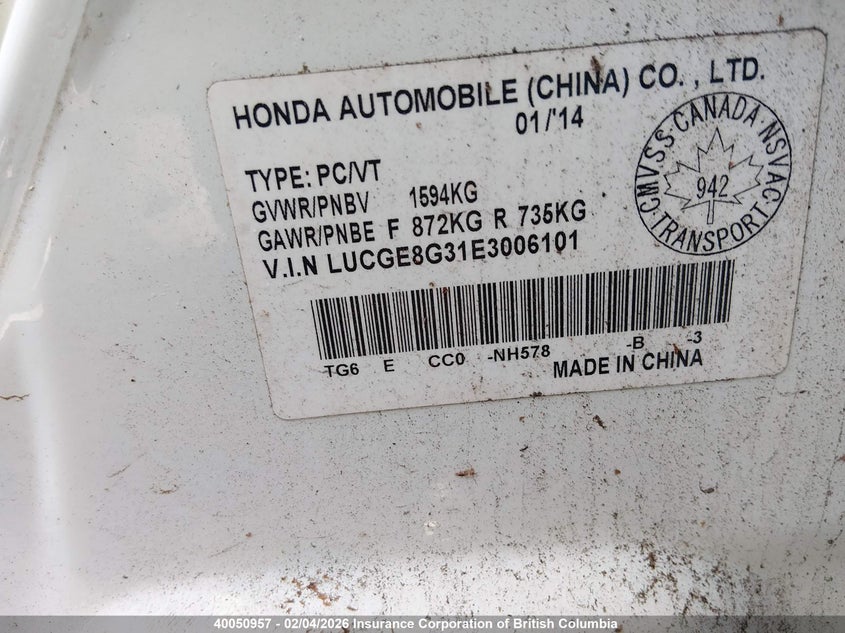 2014 Honda Fit Dx-A VIN: LUCGE8G31E3006101 Lot: 40050957