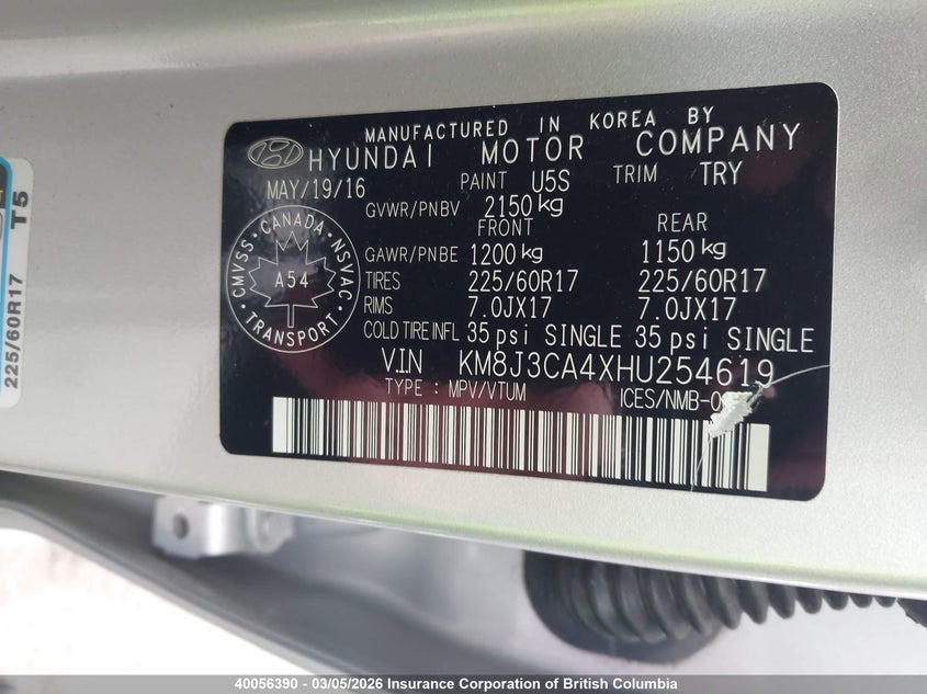 2017 Hyundai Tucson Se VIN: KM8J3CA4XHU254619 Lot: 40056390