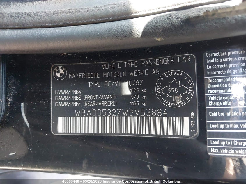 1998 BMW 528 I VIN: WBADD5327WBV53884 Lot: 40060446