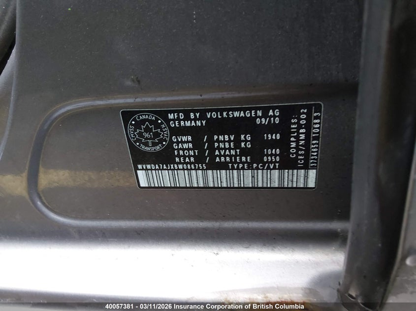 2011 Volkswagen Golf VIN: WVWDA7AJXBW086755 Lot: 40057381