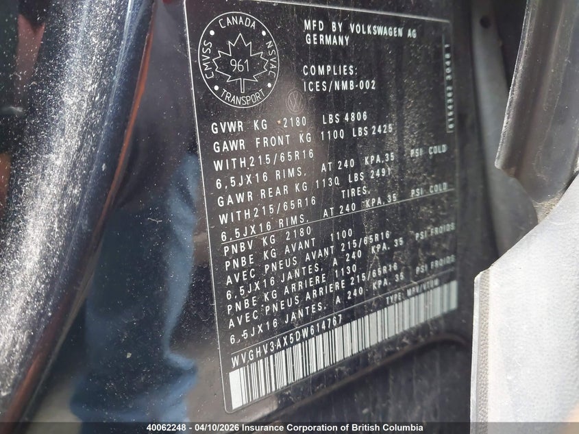 2013 Volkswagen Tiguan S/Se/Sel VIN: WVGHV3AX5DW614767 Lot: 40062248