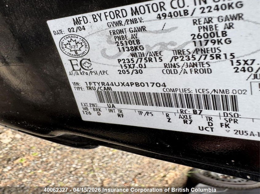 2004 Ford Ranger Super Cab VIN: 1FTYR44UX4PB01704 Lot: 40062327