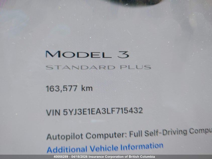 2020 Tesla Model 3 VIN: 5YJ3E1EA3LF715432 Lot: 40058289
